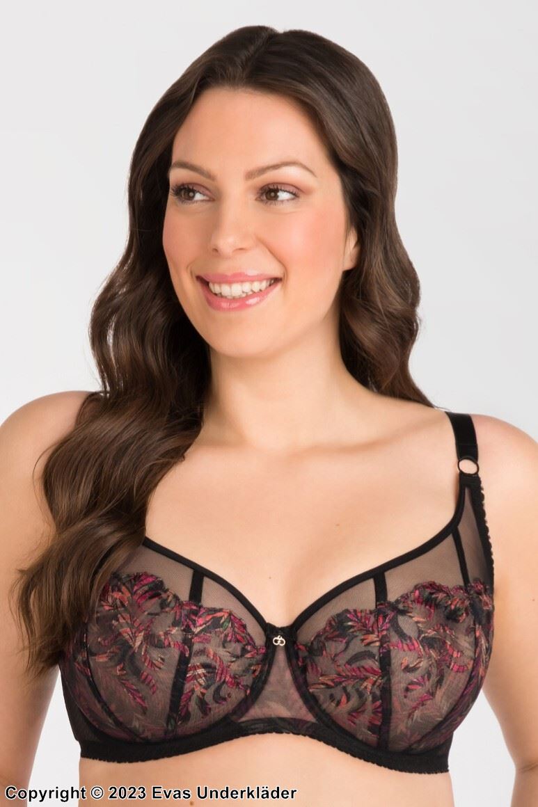 Soft cup bra, sheer mesh, embroidery, D to L-cup
